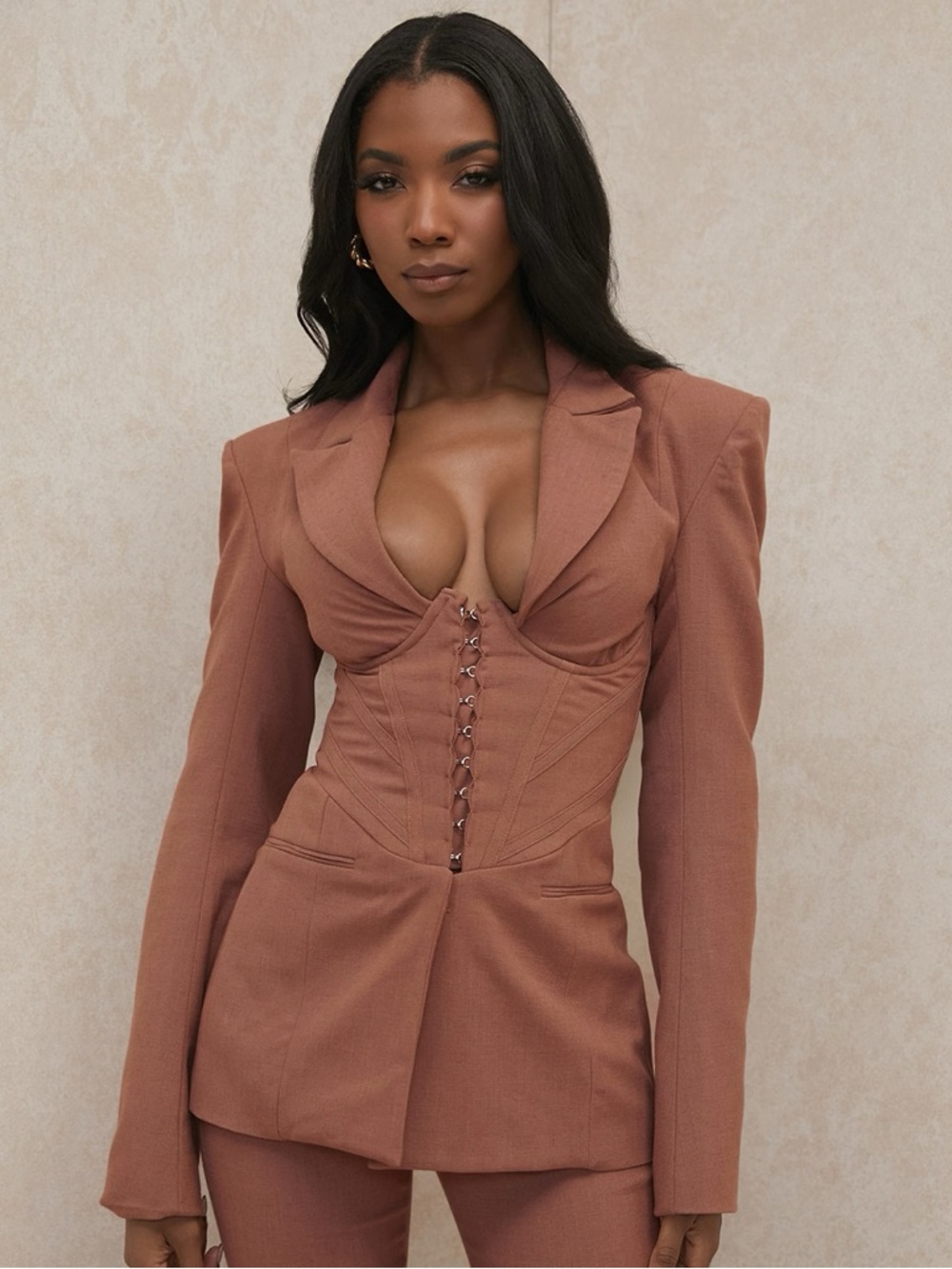 House of CB Corset Blazer Med Mocha Hourglass Structured Jacket Shoulder Pads
